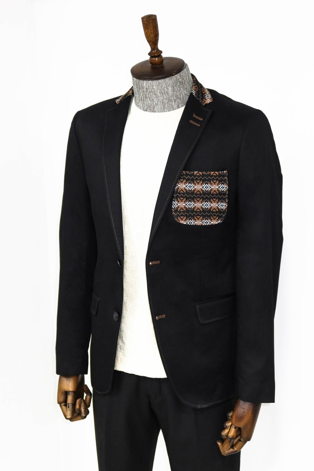Double Buttons Knit Collar Mono Lapel Black Jacket-Wessi