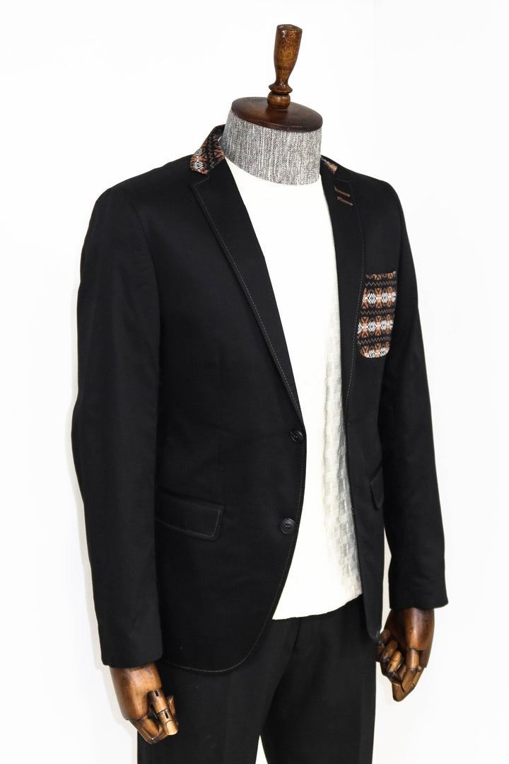 Double Buttons Knit Collar Mono Lapel Black Jacket-Wessi