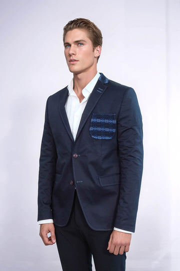 Giacca blu navy con colletto in maglia a doppi bottoni e mono risvolto-Wessi