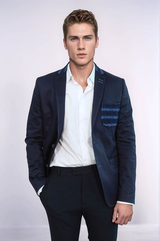 Giacca blu navy con colletto in maglia a doppi bottoni e mono risvolto-Wessi