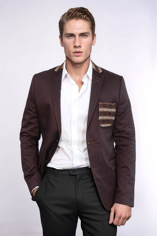 Double Buttons Knit Collar Mono Lapel Brown Jacket-Wessi