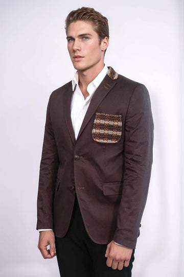 Double Buttons Knit Collar Mono Lapel Brown Jacket-Wessi