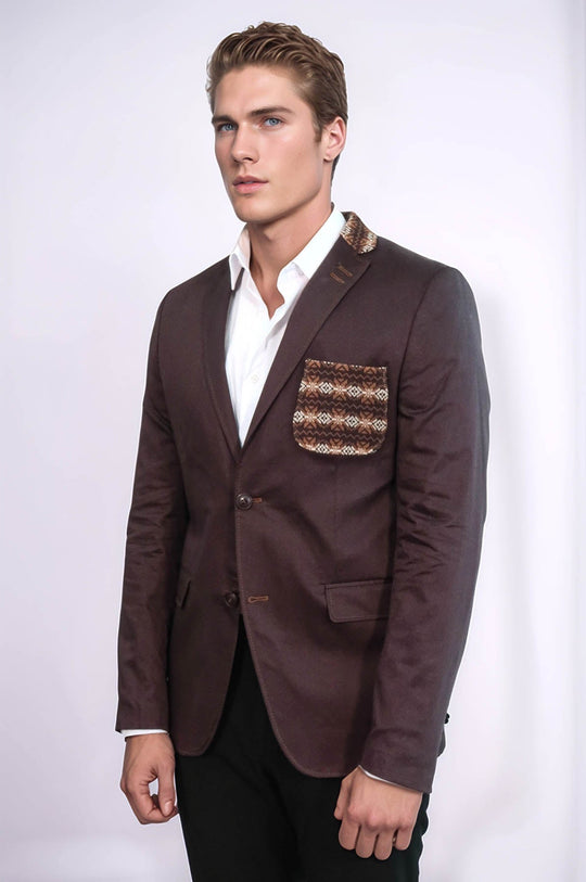 Double Buttons Knit Collar Mono Lapel Brown Jacket-Wessi