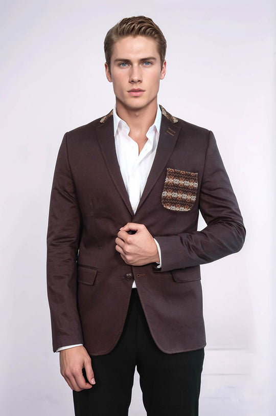 Double Buttons Knit Collar Mono Lapel Brown Jacket-Wessi