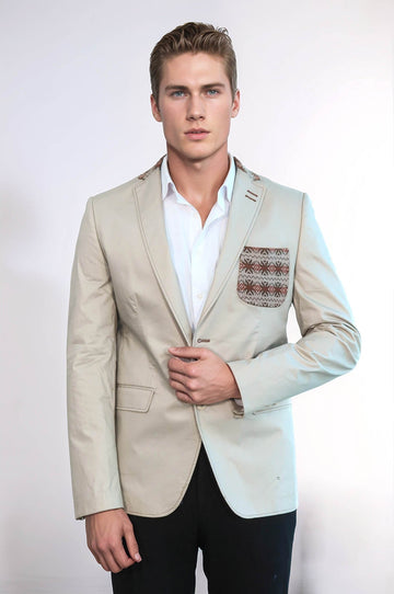 Giacca beige con colletto in maglia con doppi bottoni e risvolto singolo-Wessi