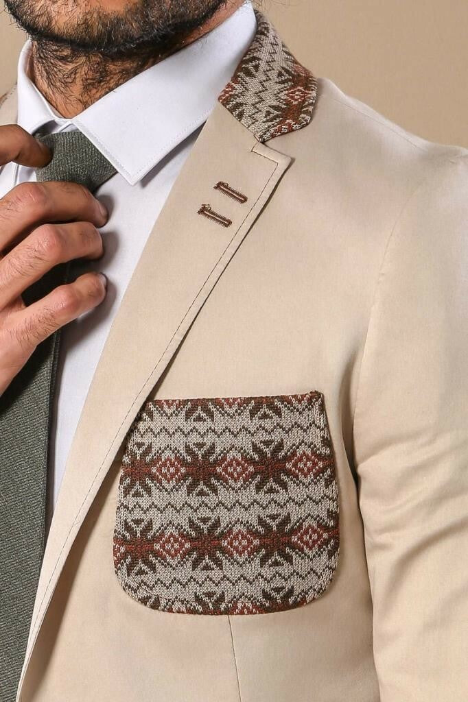 Double Buttons Knit Collar Mono Lapel Beige Jacket-Wessi