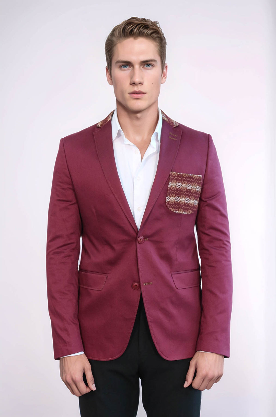 Double Buttons Knit Collar Mono Lapel Burgundy Jacket-Wessi