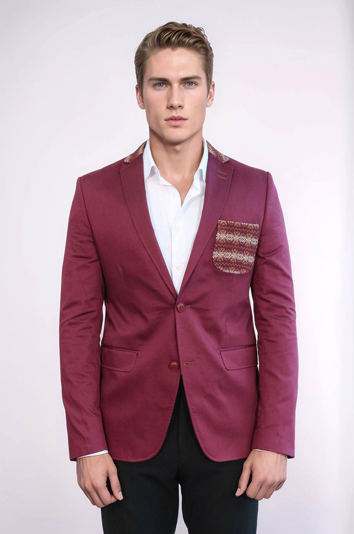 Double Buttons Knit Collar Mono Lapel Burgundy Jacket-Wessi