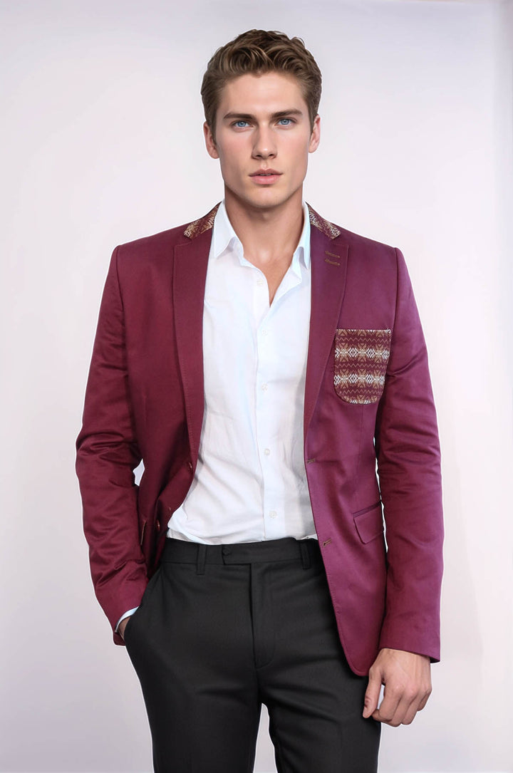 Double Buttons Knit Collar Mono Lapel Burgundy Jacket-Wessi