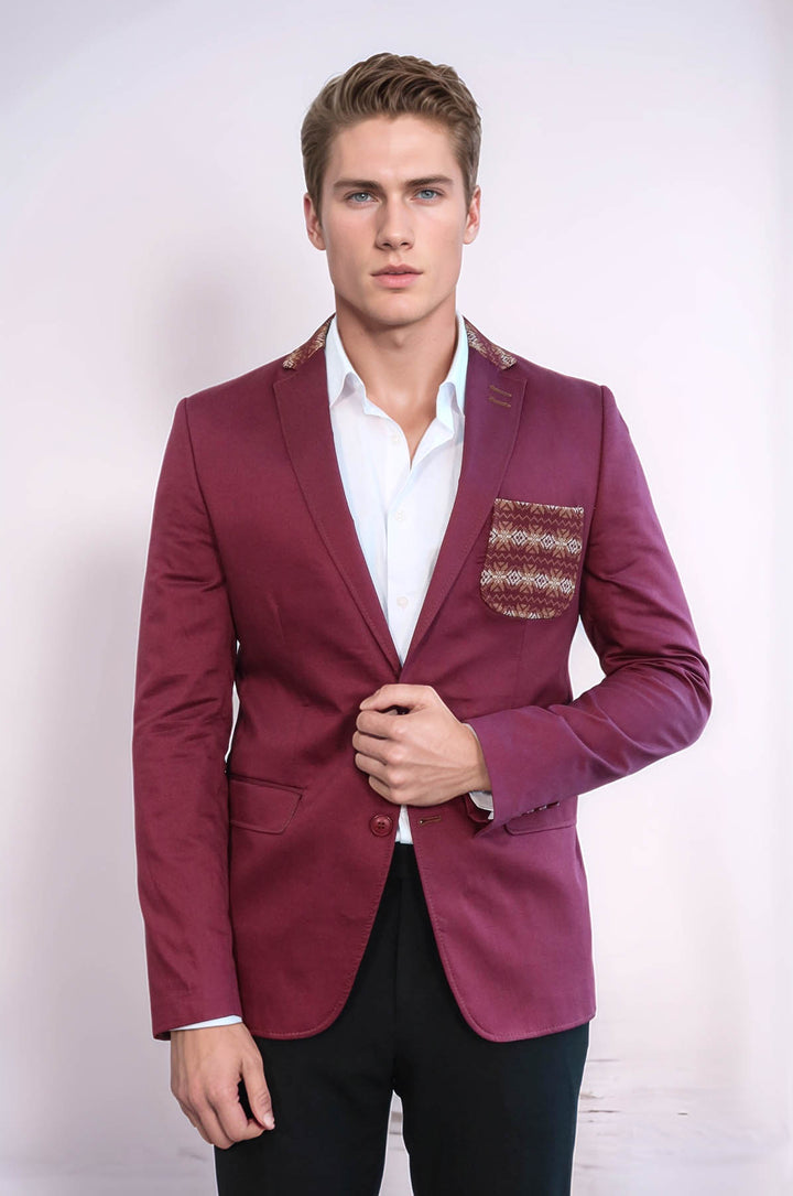 Double Buttons Knit Collar Mono Lapel Burgundy Jacket-Wessi