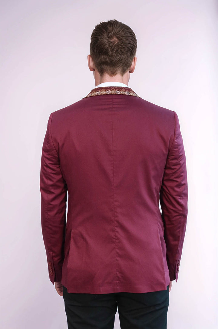Double Buttons Knit Collar Mono Lapel Burgundy Jacket-Wessi