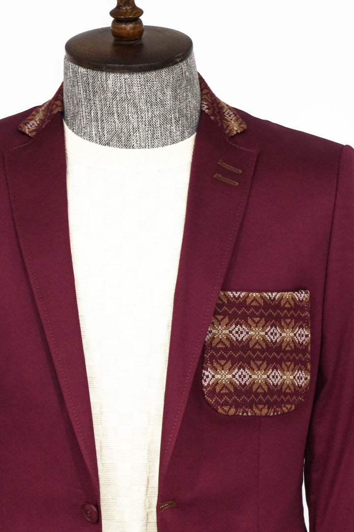 Double Buttons Knit Collar Mono Lapel Burgundy Jacket-Wessi