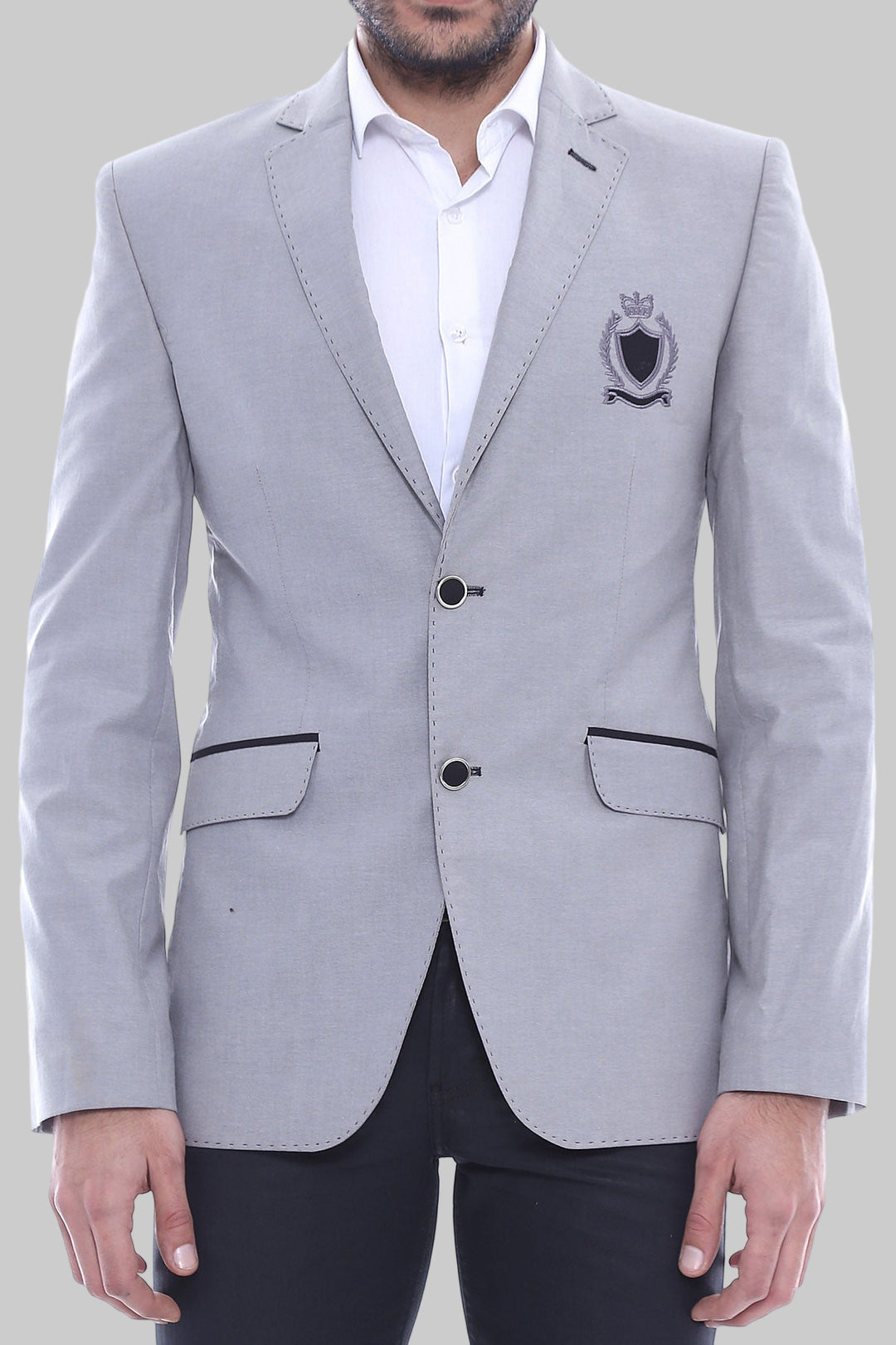 Double Button Mono Lapel Crested Grey Jacket-Wessi