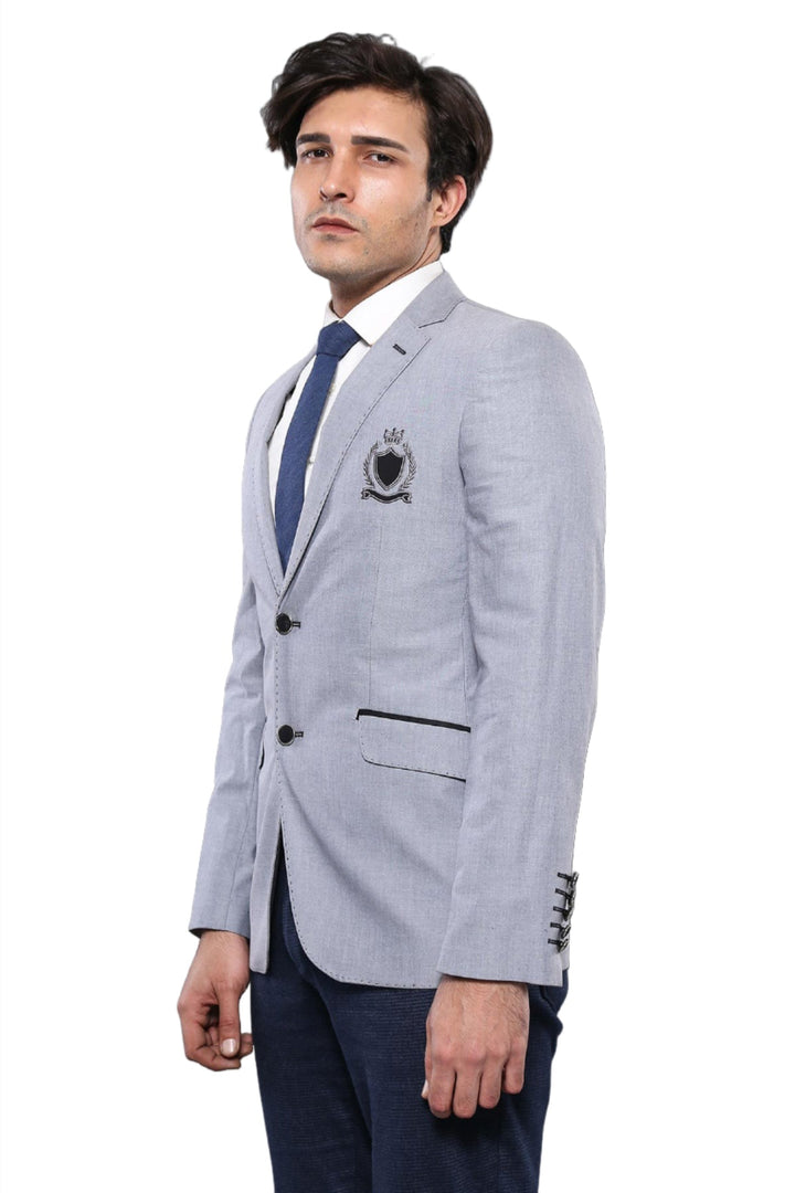 Double Button Mono Lapel Crested Light Grey Jacket-Wessi