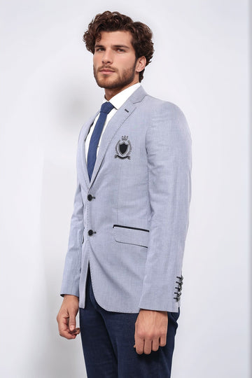 Double Button Mono Lapel Crested Light Grey Jacket-Wessi