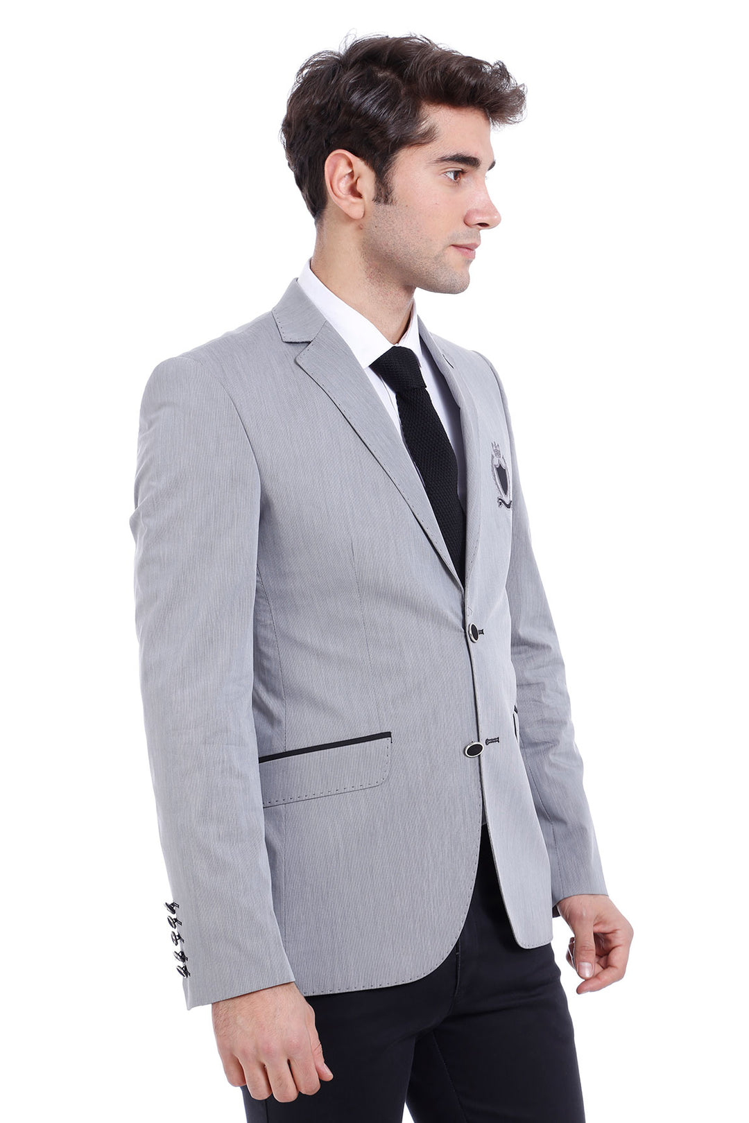 Double Button Mono Lapel Crested Grey Jacket-Wessi
