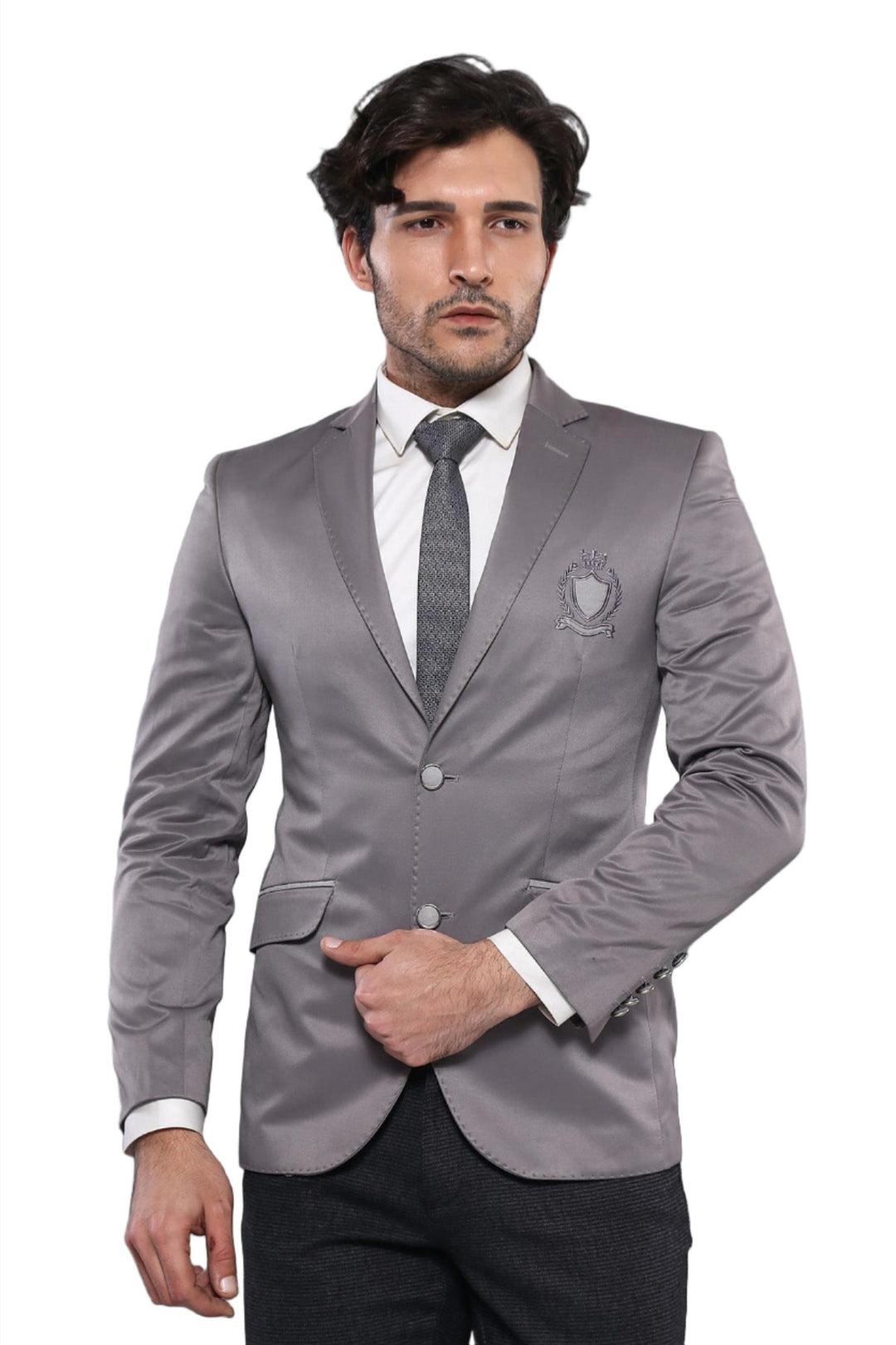 Double Button Mono Lapel Crested Light Smoked Jacket-Wessi