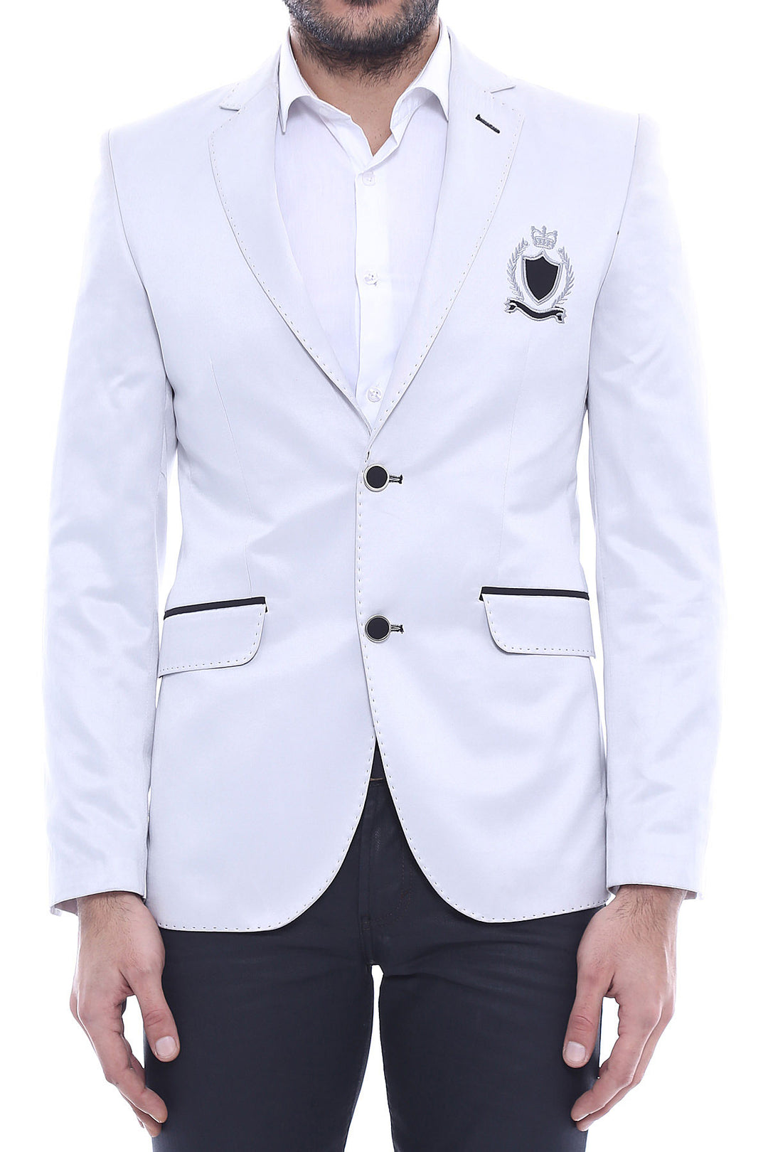 Double Button Mono Lapel Crested Cream Jacket-Wessi