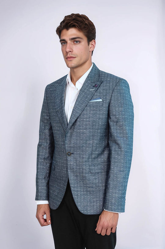 Navy Blue Linen Dot Patterned Jacket | Wessi