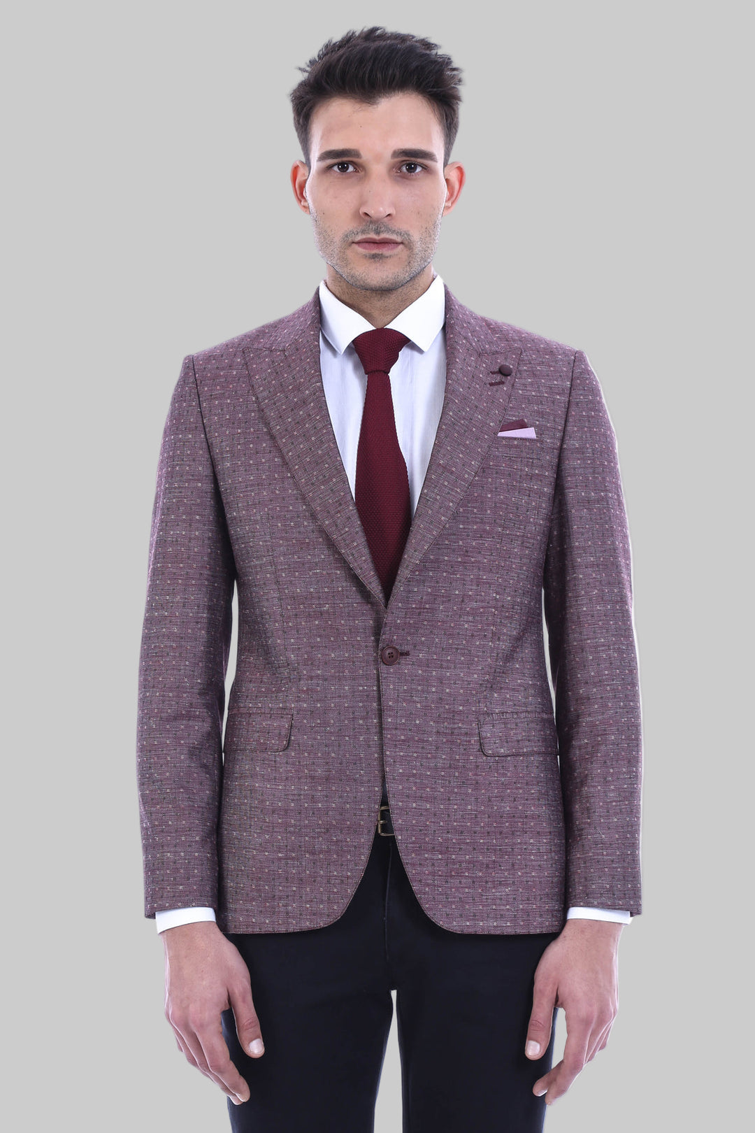 Burgundy Linen Dot Patterned Jacket | Wessi
