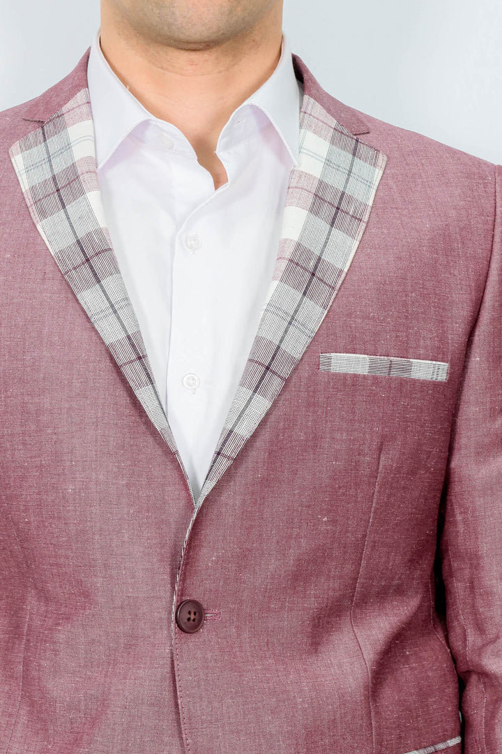 Pocket and Collar Plaid Mens Linnen Burgundy Blazer - Wessi