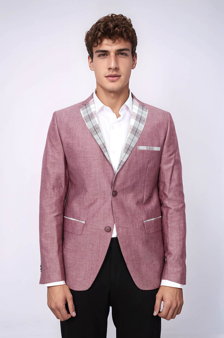 Pocket and Collar Plaid Mens Linnen Burgundy Blazer - Wessi