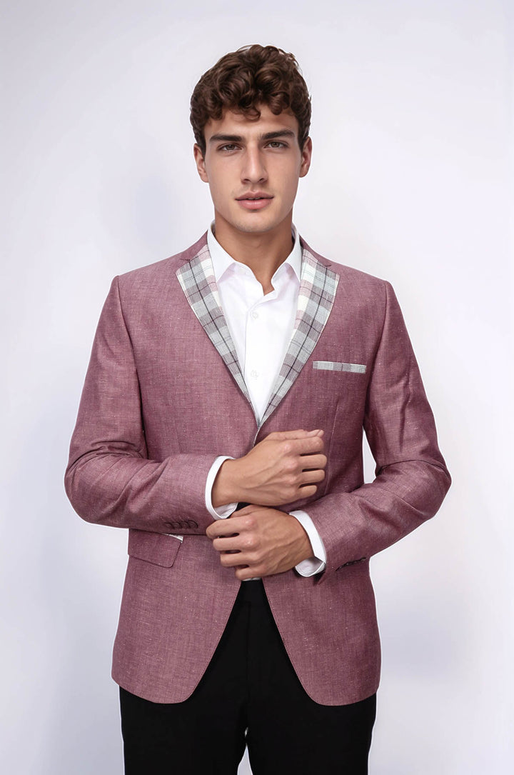 Pocket and Collar Plaid Mens Linnen Burgundy Blazer - Wessi