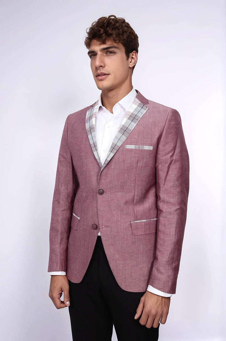 Pocket and Collar Plaid Mens Linnen Burgundy Blazer - Wessi