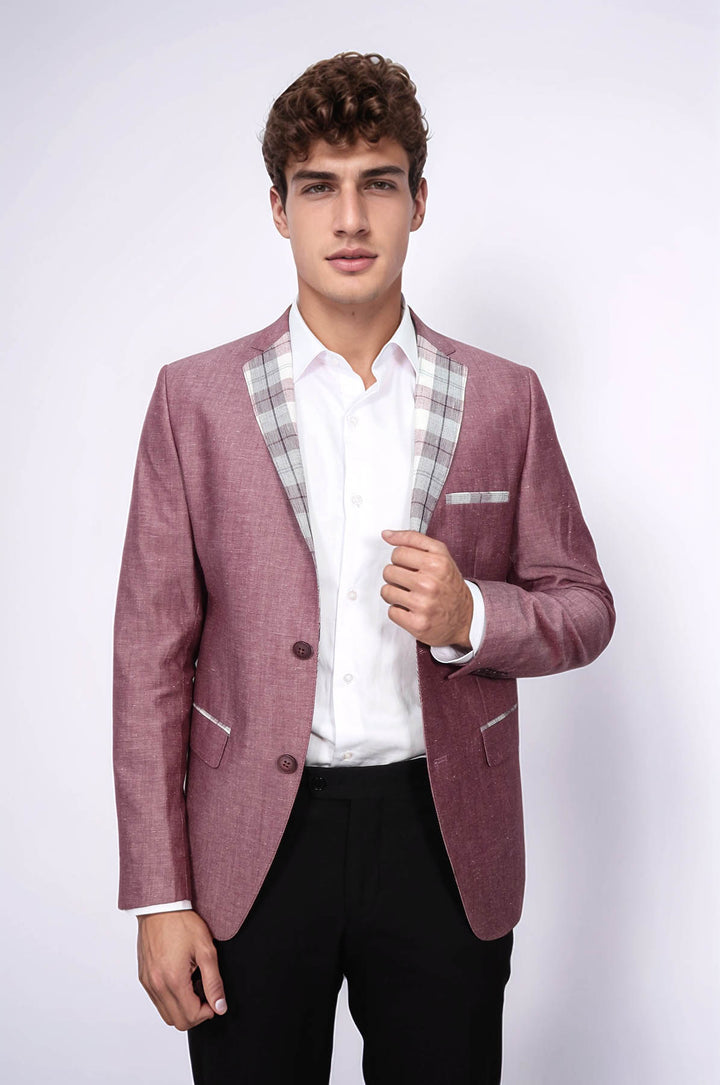 Pocket and Collar Plaid Mens Linnen Burgundy Blazer - Wessi
