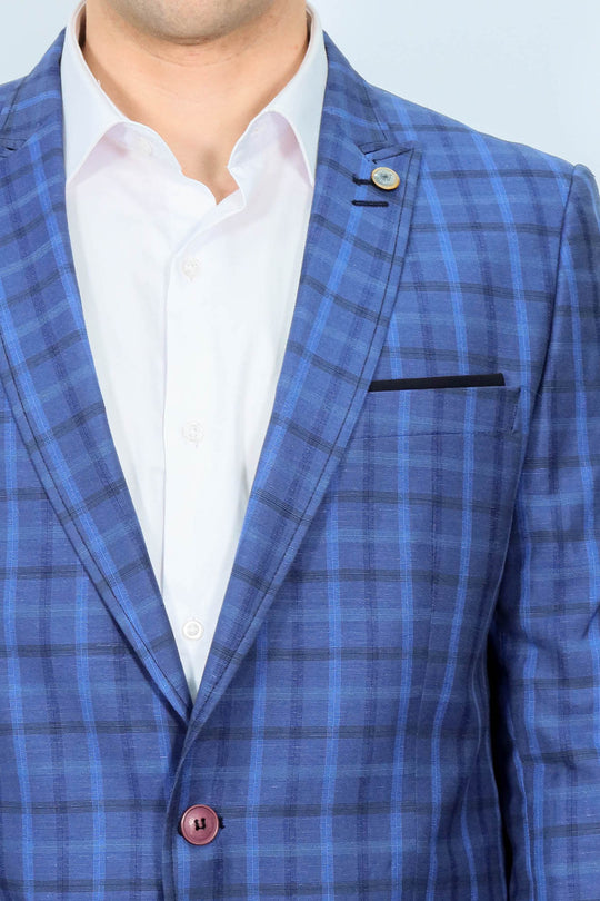 Veste bleu marine à carreaux à col pointu et bouton unique-Wessi