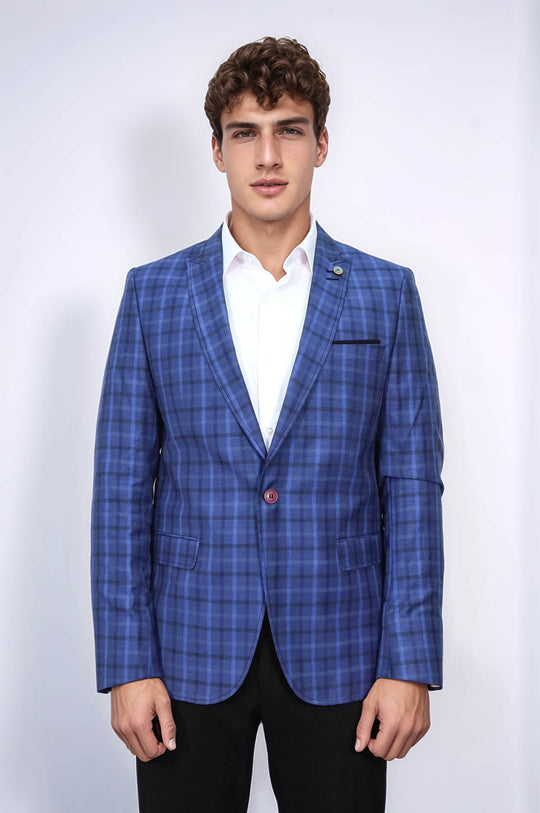 Veste bleu marine à carreaux à col pointu et bouton unique-Wessi