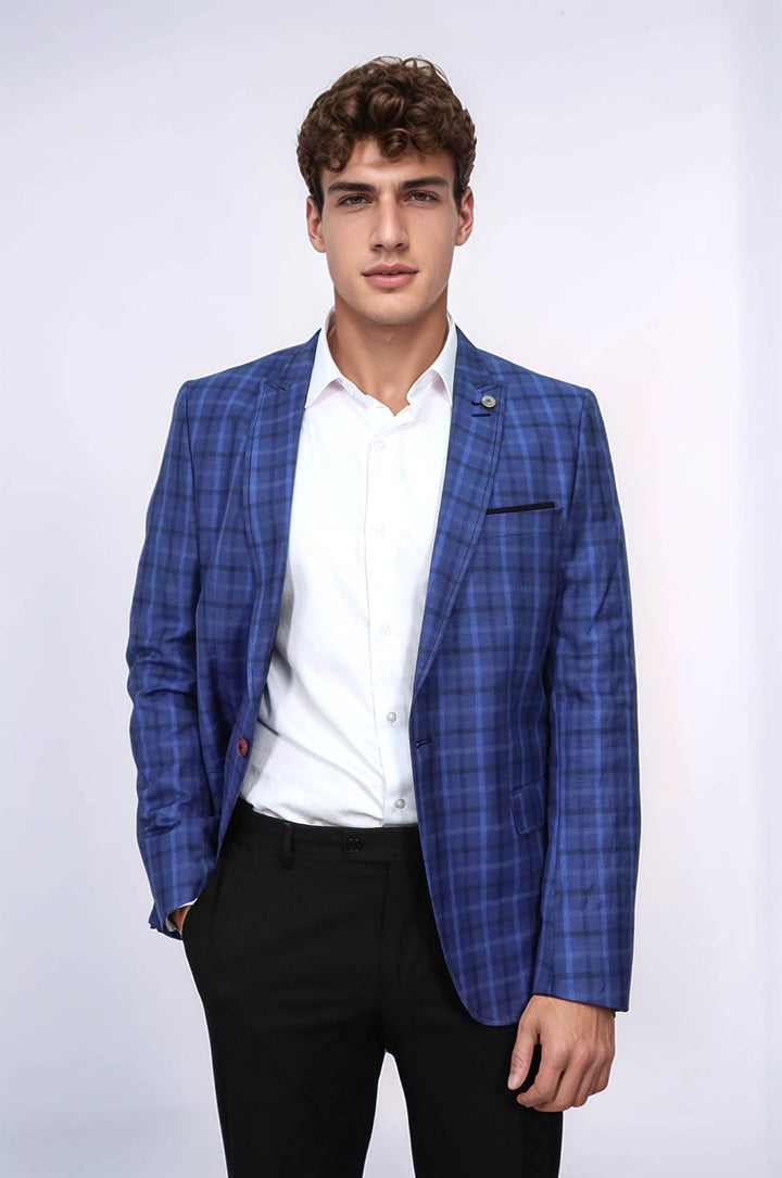 Giacca scozzese blu navy con colletto a punta e bottone singolo-Wessi