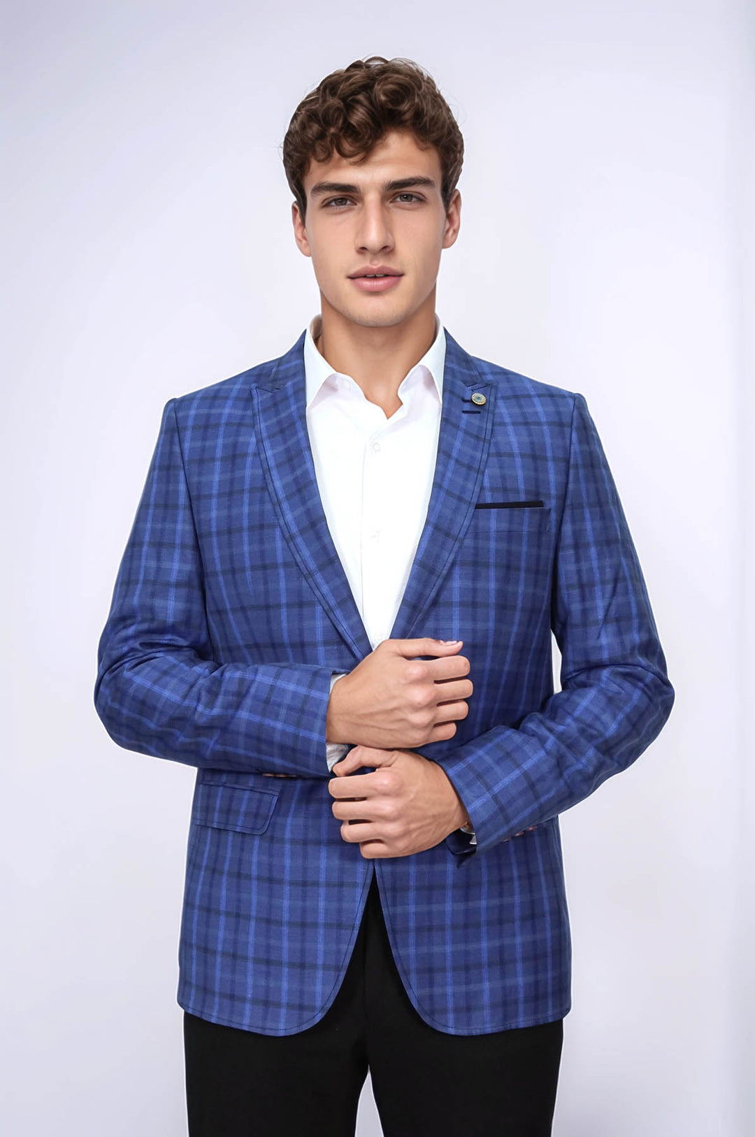 Giacca scozzese blu navy con colletto a punta e bottone singolo-Wessi