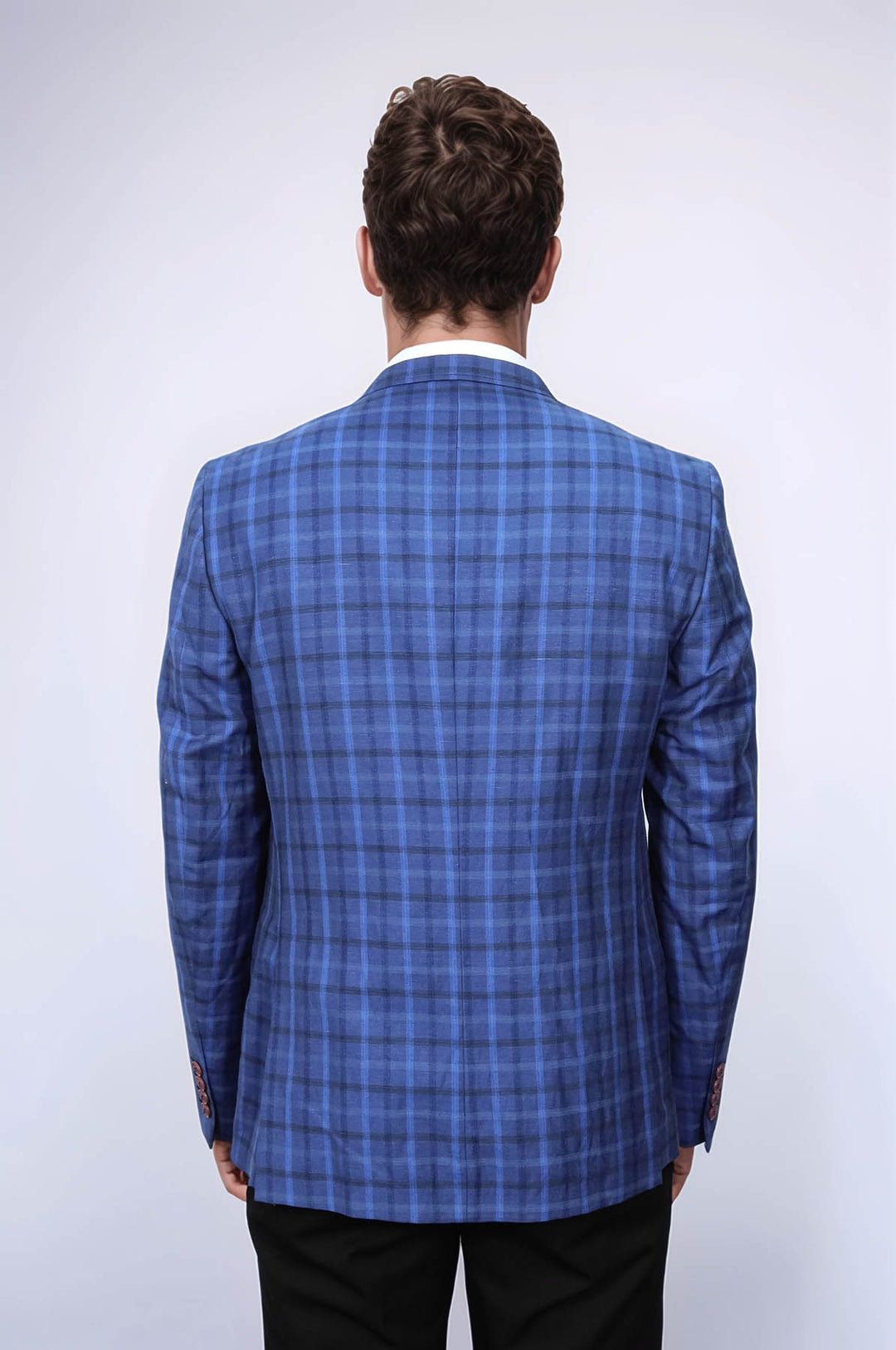 Giacca scozzese blu navy con colletto a punta e bottone singolo-Wessi