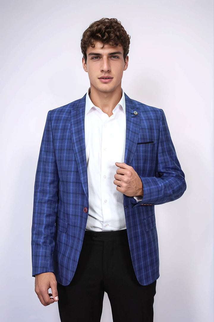 Giacca scozzese blu navy con colletto a punta e bottone singolo-Wessi