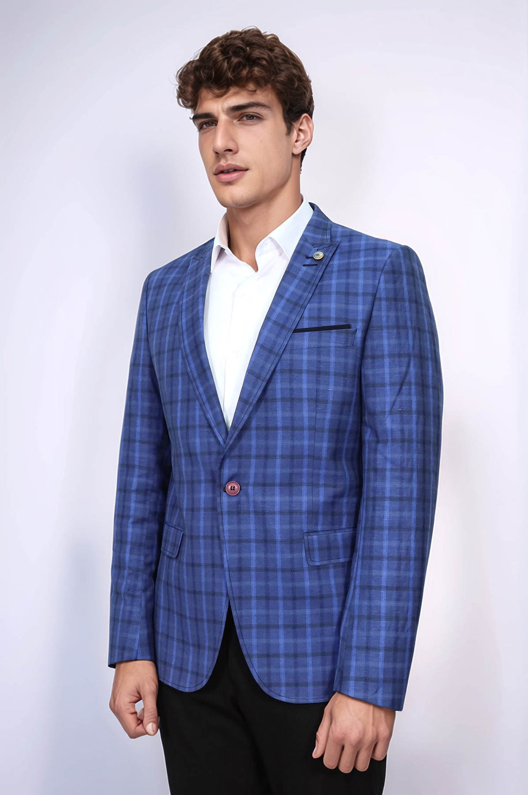 Giacca scozzese blu navy con colletto a punta e bottone singolo-Wessi