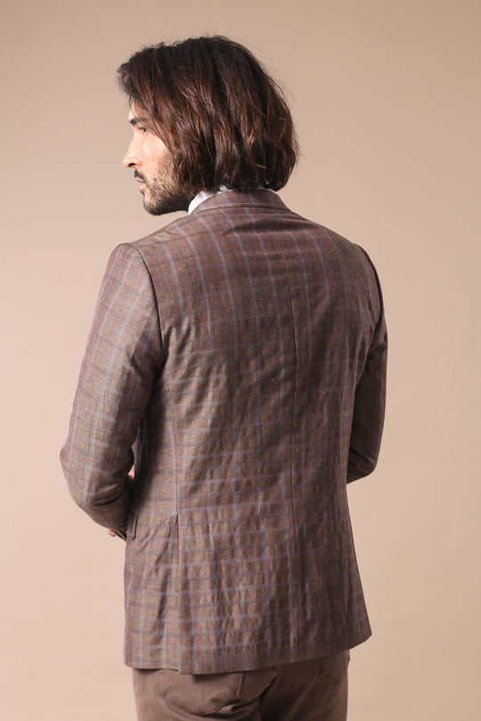 Single Button Pointed Collar Plaid Brown Jacket-Wessi