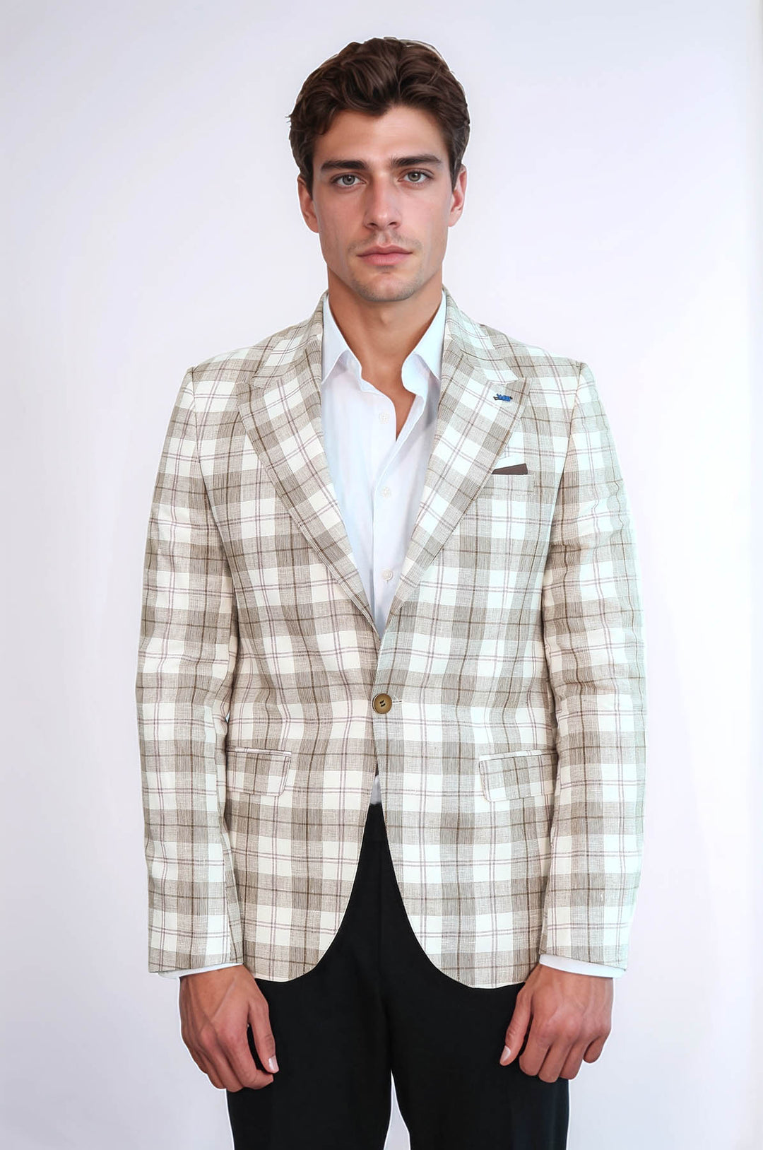 Blazer Beige Con Un Solo Botón Y Cuello Ancho En Punta - Wessi