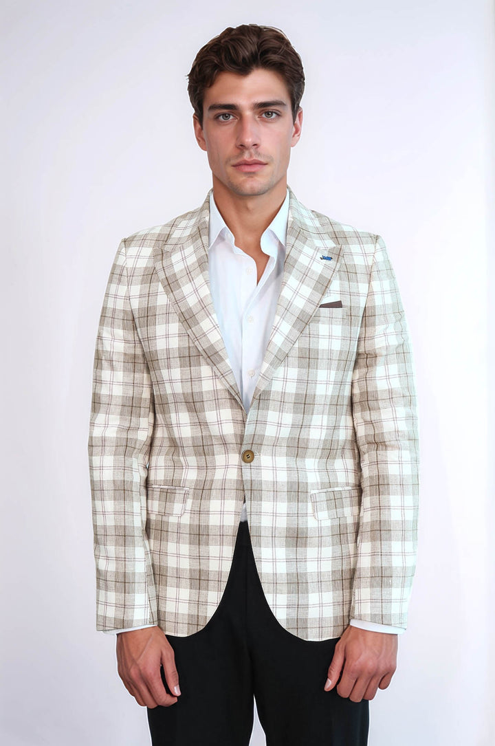 Blazer Beige Con Un Solo Botón Y Cuello Ancho En Punta - Wessi