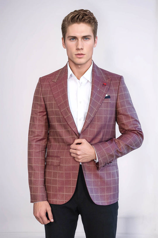 Single Button Wide Pointed Collar Burgundy Blazer - Wessi