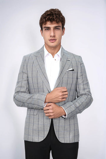 Single Button Pointed Collar Grey Blazer - Wessi