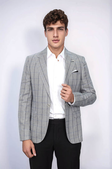 Single Button Pointed Collar Grey Blazer - Wessi