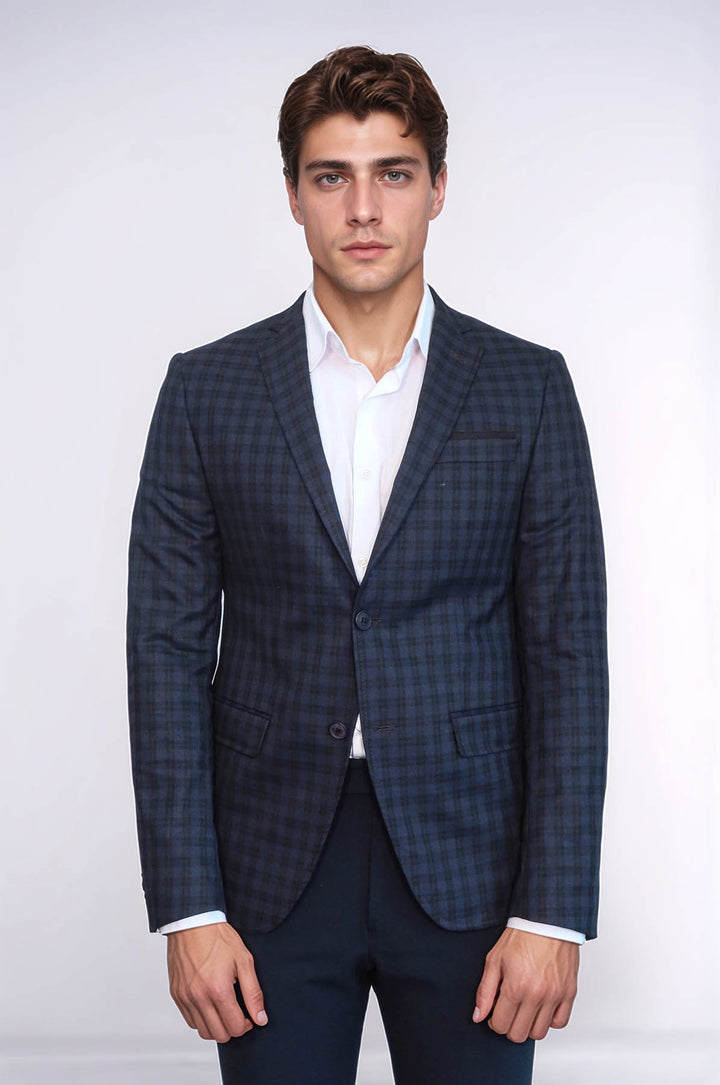 Plaid Navy Blue Jacket with Handkerchief - Wessi