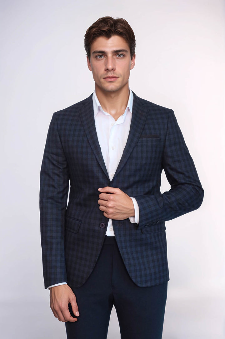 Plaid Navy Blue Jacket with Handkerchief - Wessi