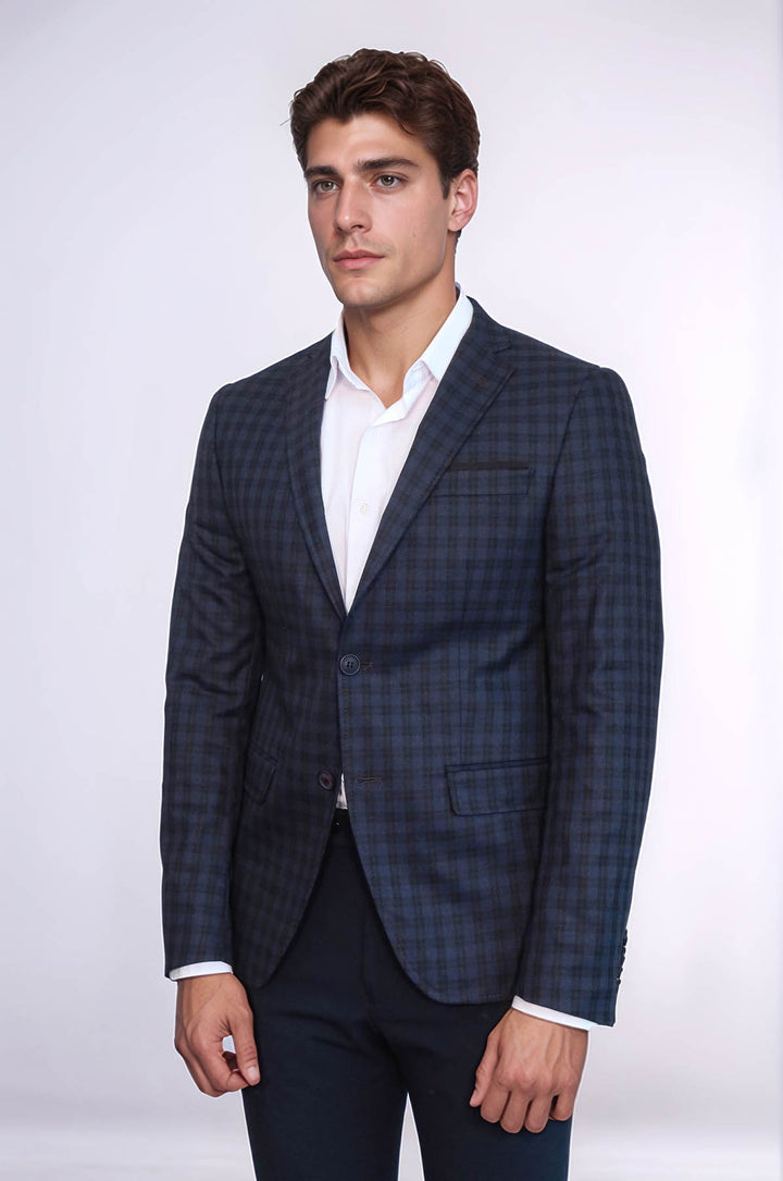 Plaid Navy Blue Jacket with Handkerchief - Wessi