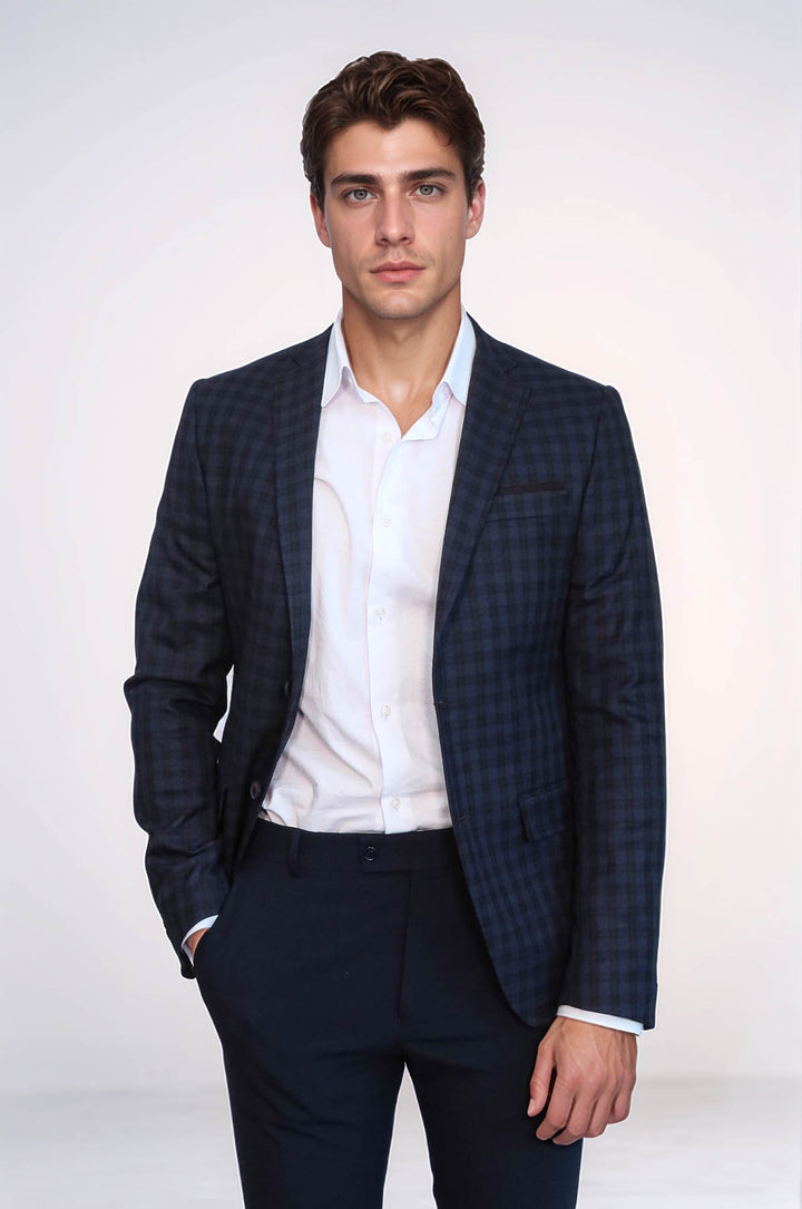Plaid Navy Blue Jacket with Handkerchief - Wessi