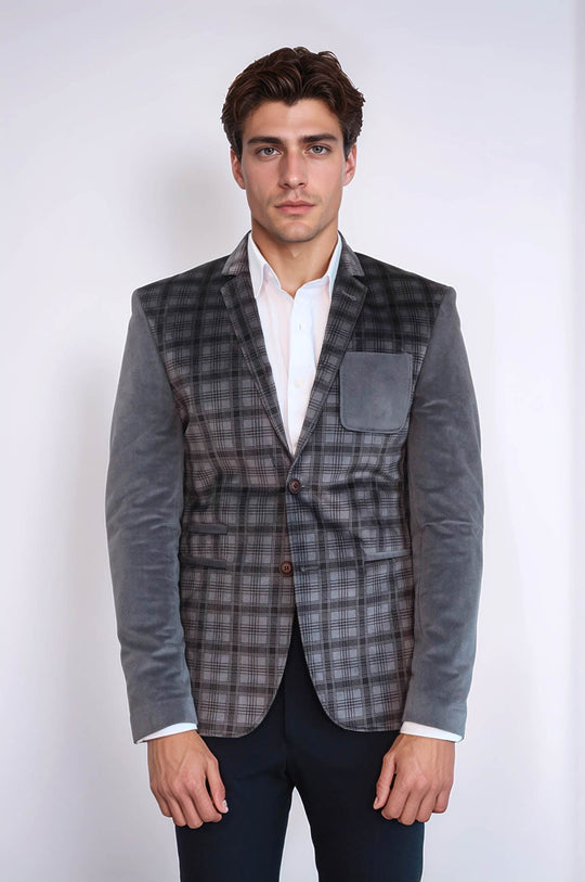 Plaid Sleeve Plaid Chest Smoked Velvet Blazer - Wessi