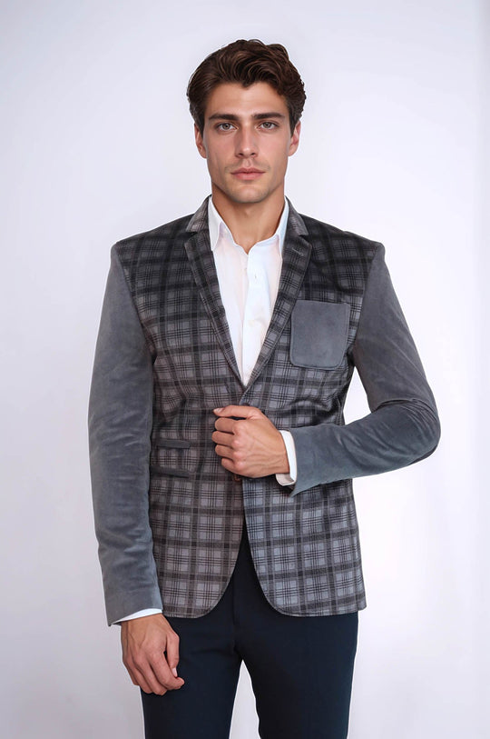Plaid Sleeve Plaid Chest Smoked Velvet Blazer - Wessi