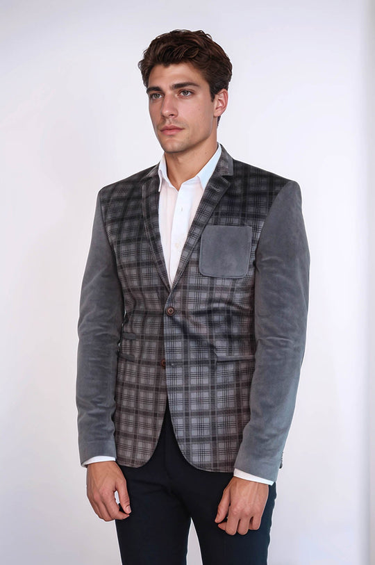 Plaid Sleeve Plaid Chest Smoked Velvet Blazer - Wessi
