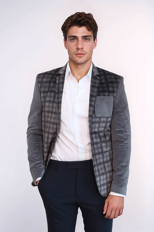 Plaid Sleeve Plaid Chest Smoked Velvet Blazer - Wessi